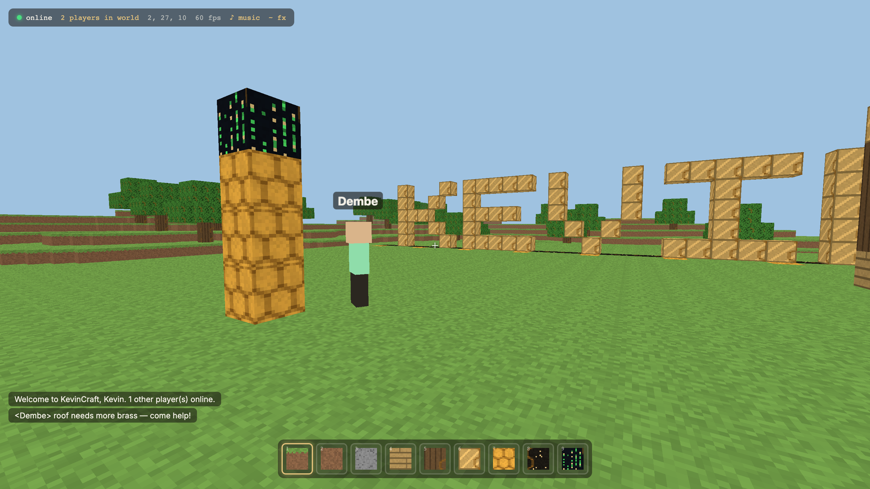 Another player named Dembe chatting in KevinCraft